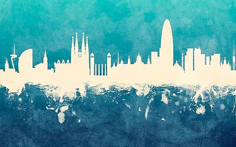 Ilustración digital del skyline de Barcelona en estilo pictórico. Cobertura de Dimensión Divertida para eventos en la zona de Barcelona.