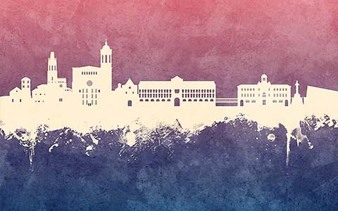Ilustración digital del skyline de Girona en estilo pictórico. Cobertura de Dimensión Divertida para eventos en la zona de Girona.