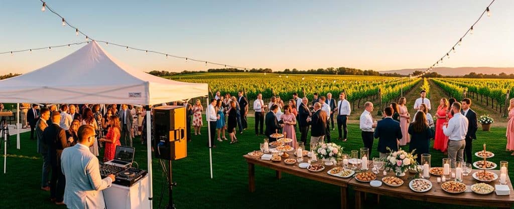 DJ pinchando durante el aperitivo de una boda al aire libre, con invitados en el cóctel y viñedos de fondo en Barcelona y Girona