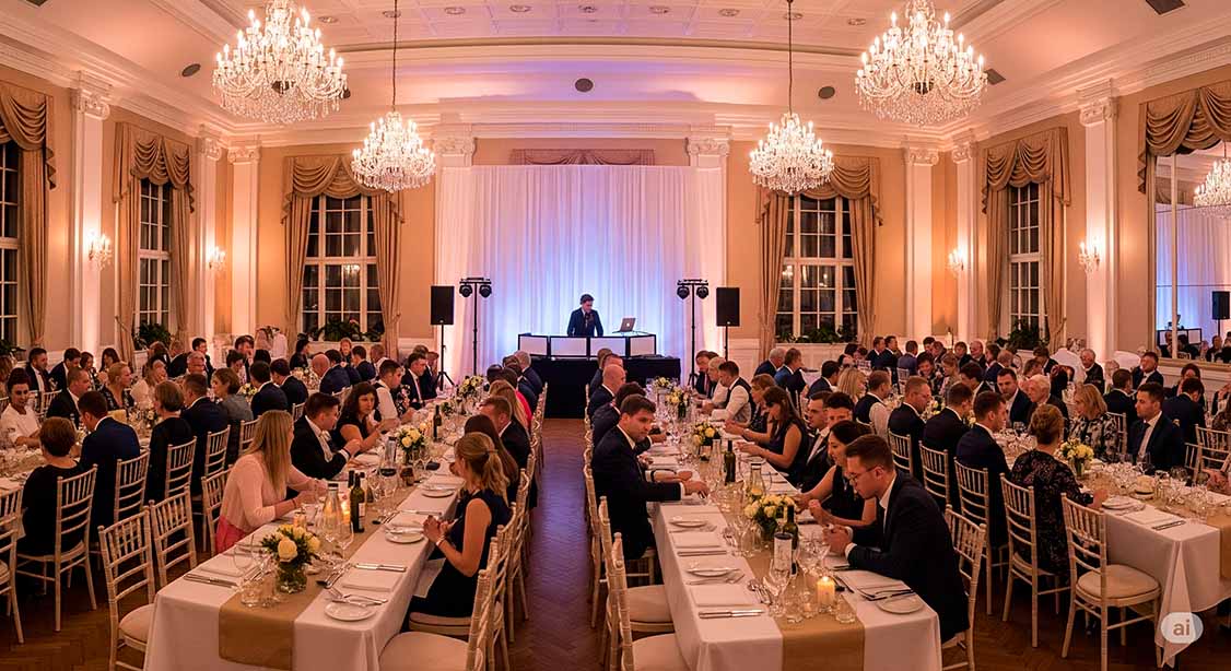 Mesas de invitados comiendo en el banquete de boda con el DJ de Dimensión Divertida ambientando la música de fondo. Alquiler de discomóvil para banquetes en Girona y Barcelona.
