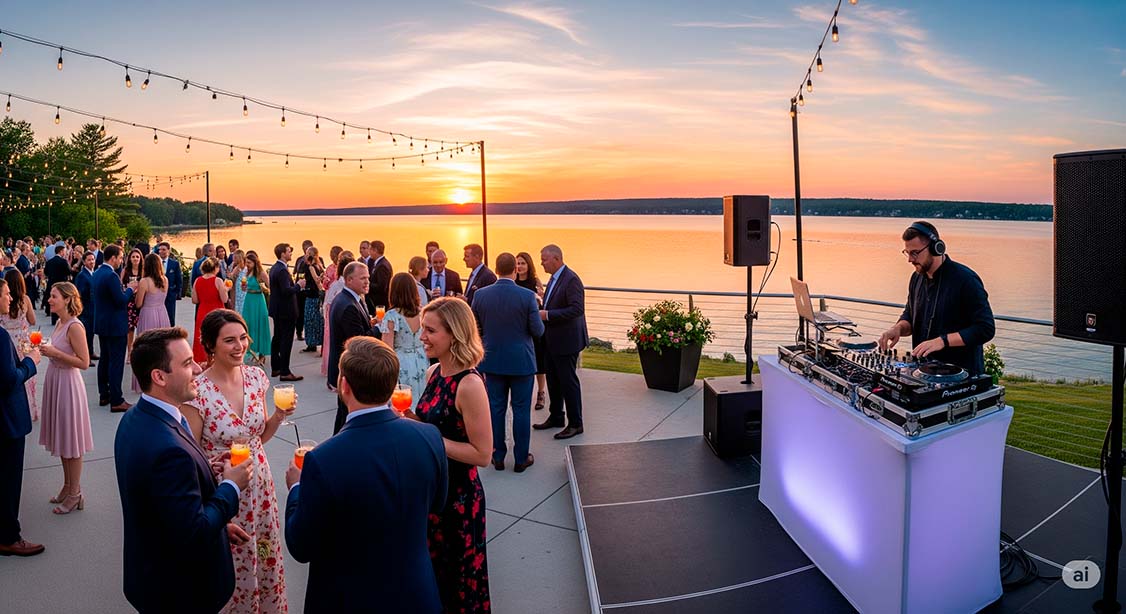DJ de Discomóvil con equipo de sonido ambientando un cóctel de boda con un hermoso lago de fondo. Alquiler de Dimensión Divertida para eventos con vistas en Girona y Barcelona.